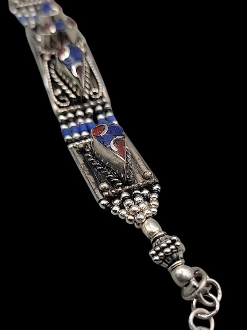 Vintage Tibetan Nepalese Silver Inlay Bracelet Lapis Coral 7.5” Ethnic Boho - Picture 12 of 16